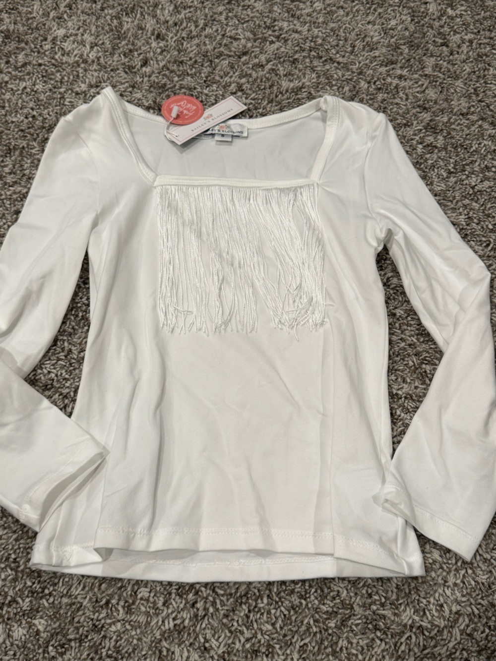 Kids White Long-Sleeve Fringe Front Tee